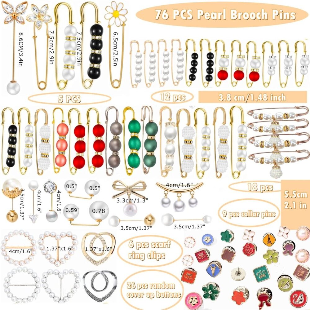 76 Pieces Pearl Brooch Pins Set, Scarf Ring Clips and Sweater Shawl Safety Pins - Picture 2 of 9